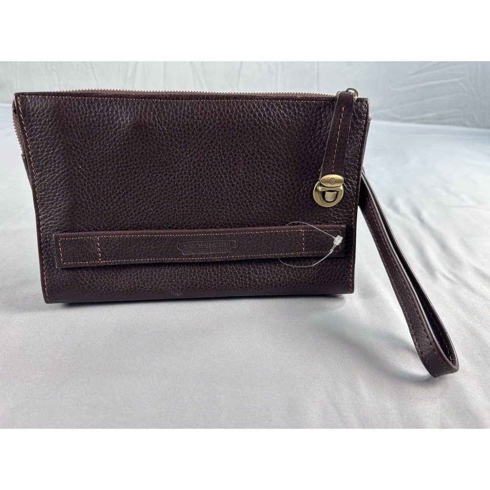 Tignanello Brown Leather Wristlet Clutch Wallet Organizer Zip Around Pebbled
